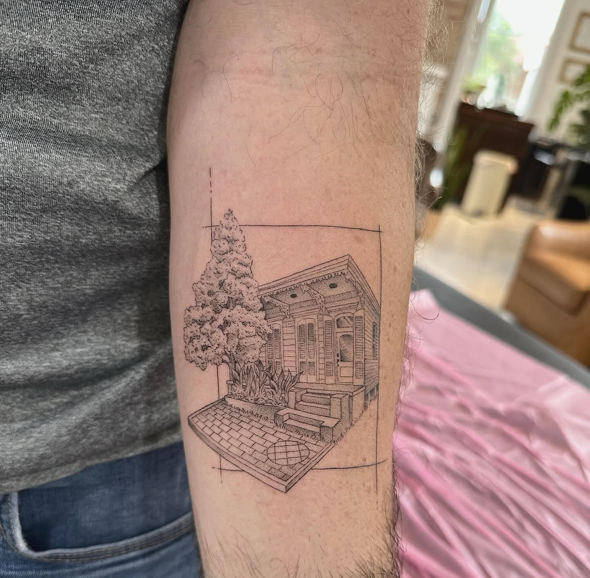 House Portrait fine-line tattoo