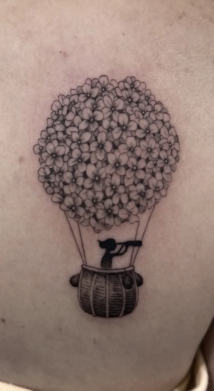 Hydrangea Balloon fine-line tattoo