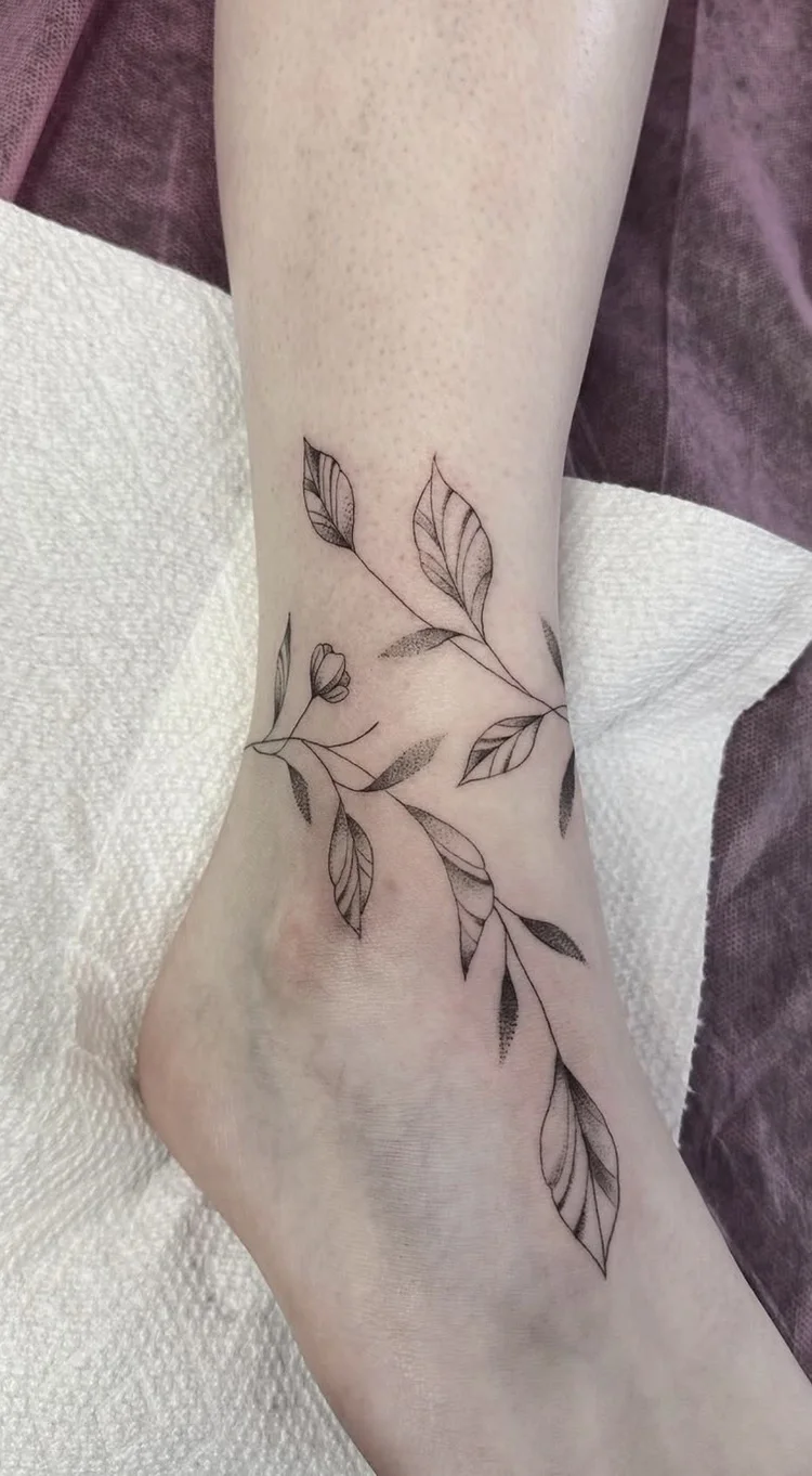 Ankle Vine fine-line tattoo