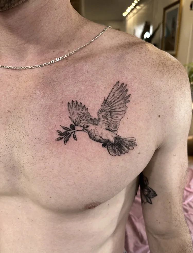 Dove & Olive Branch fine-line tattoo