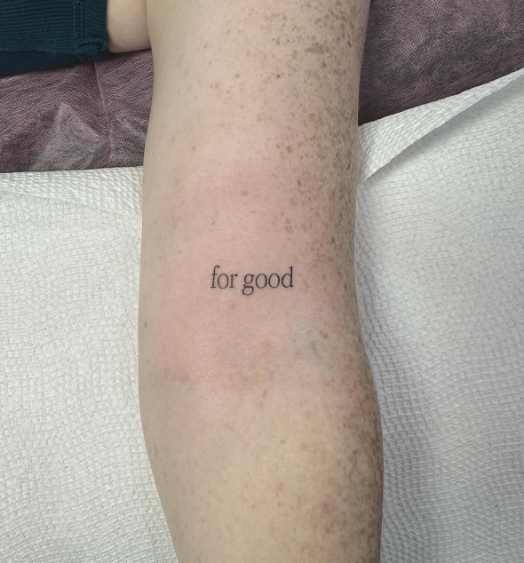 For Good Lettering fine-line tattoo