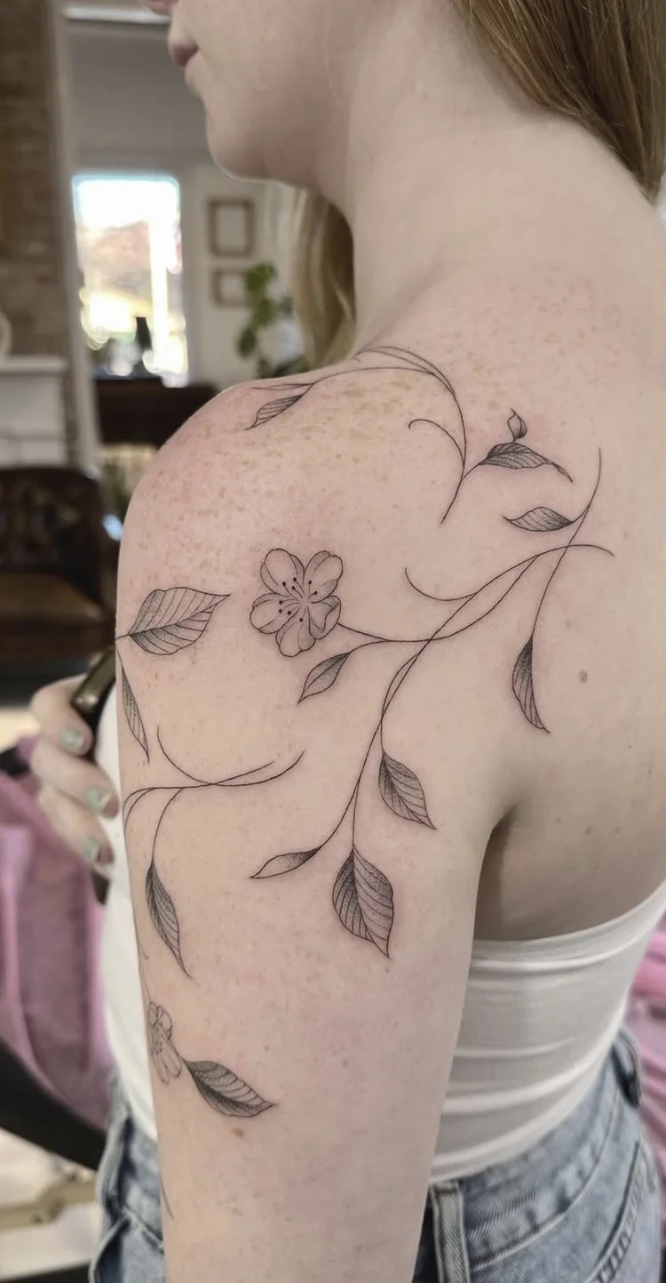 Shoulder Vine fine-line tattoo