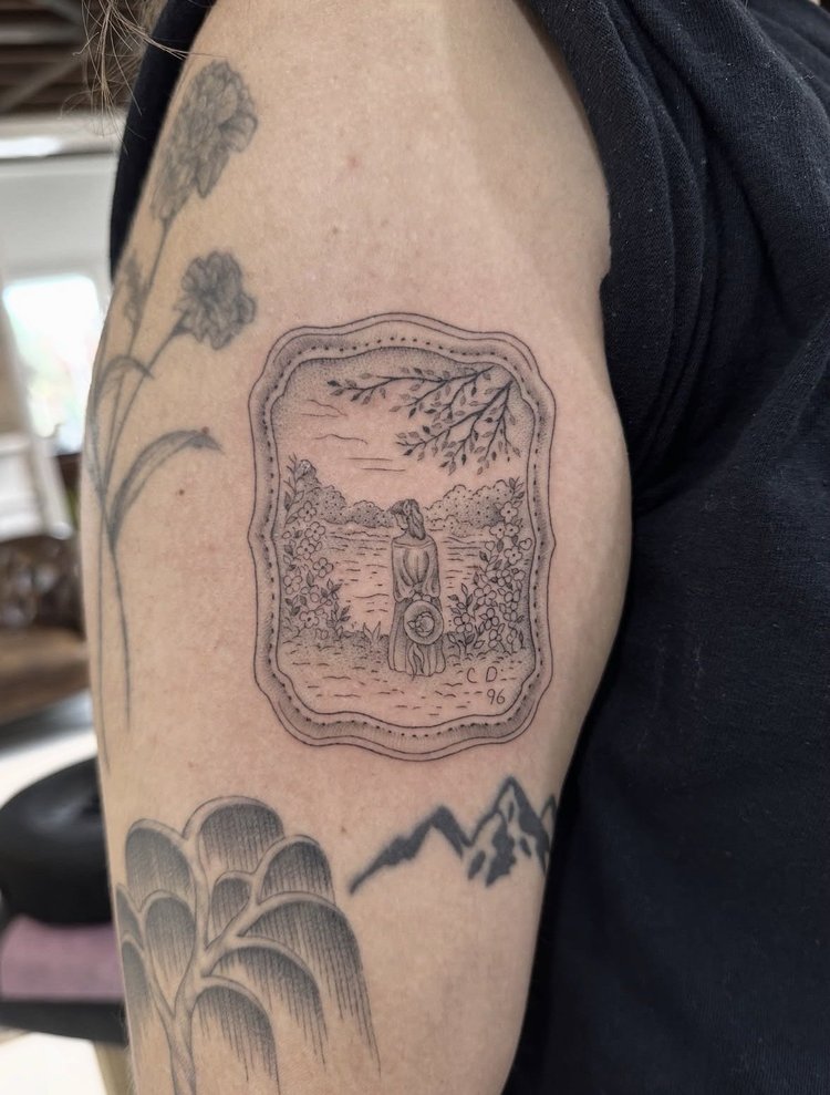 Framed Memory fine-line tattoo