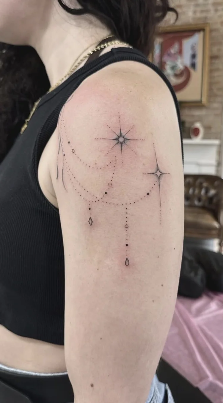 Chandelier Drape fine-line tattoo