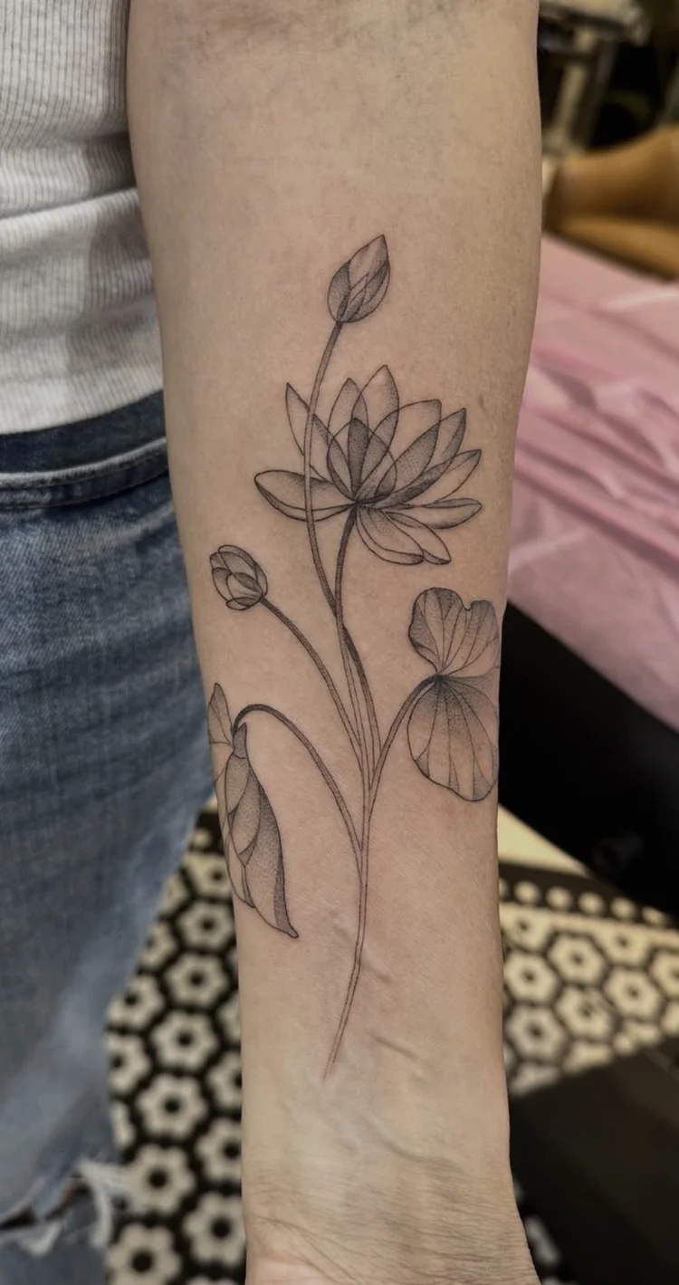 Water Lily fine-line tattoo