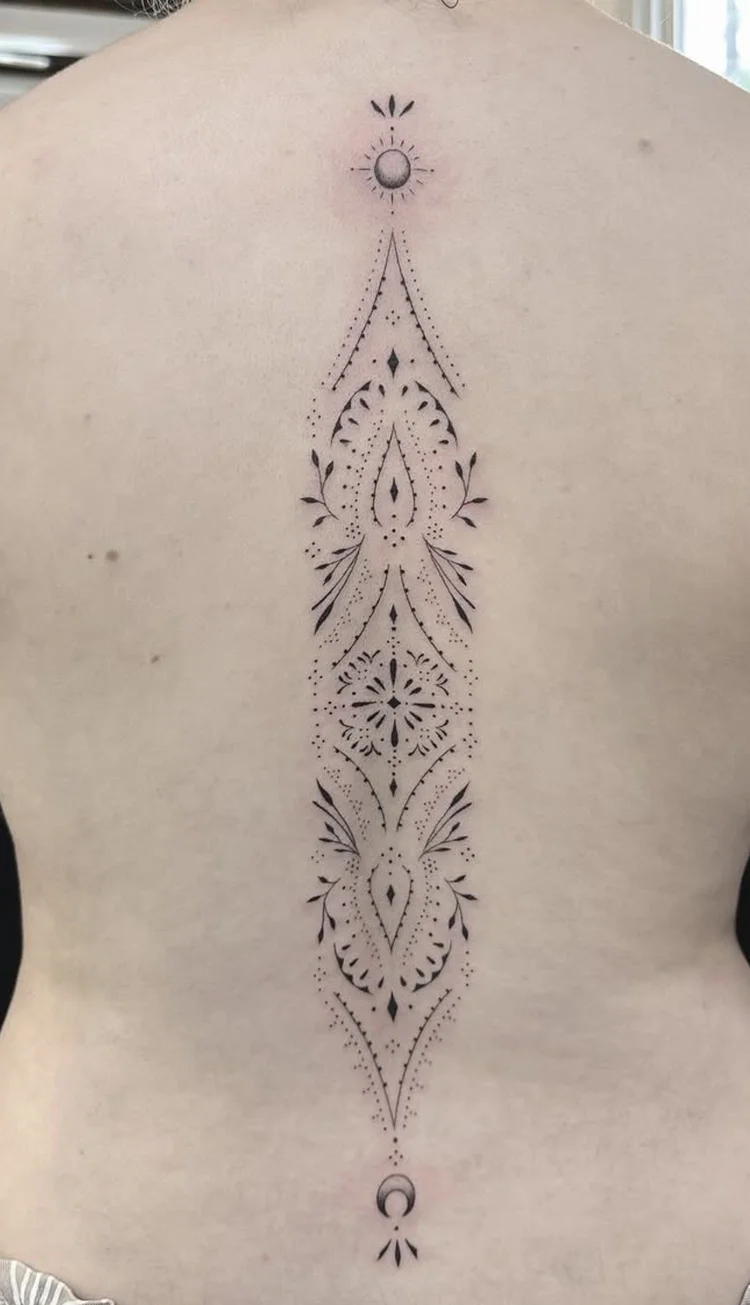 Spine Ornament fine-line tattoo