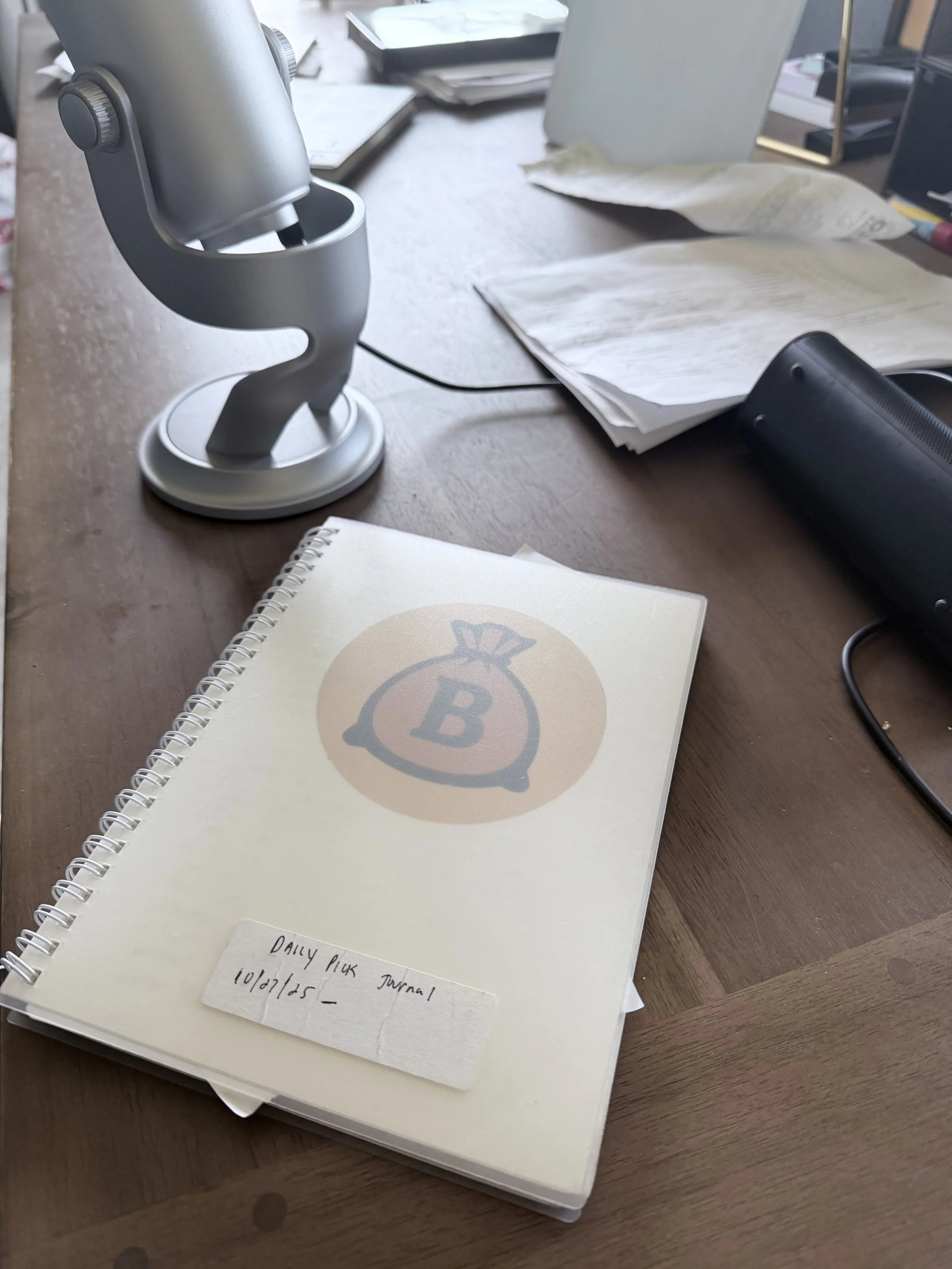 BrownBagBets handwritten tracking book open on a working desk