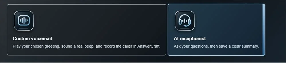 AnswerCraft AI receptionist and custom voicemail options