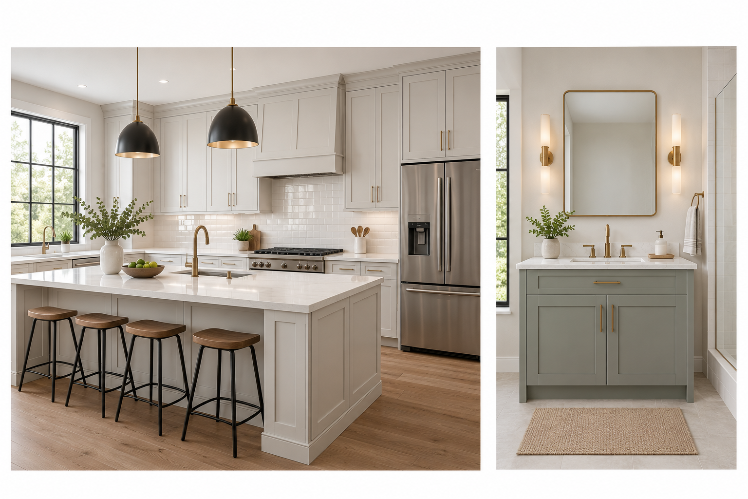 Catalina Shaker cabinetry shown in kitchen and Sage Green bathroom vanity applications