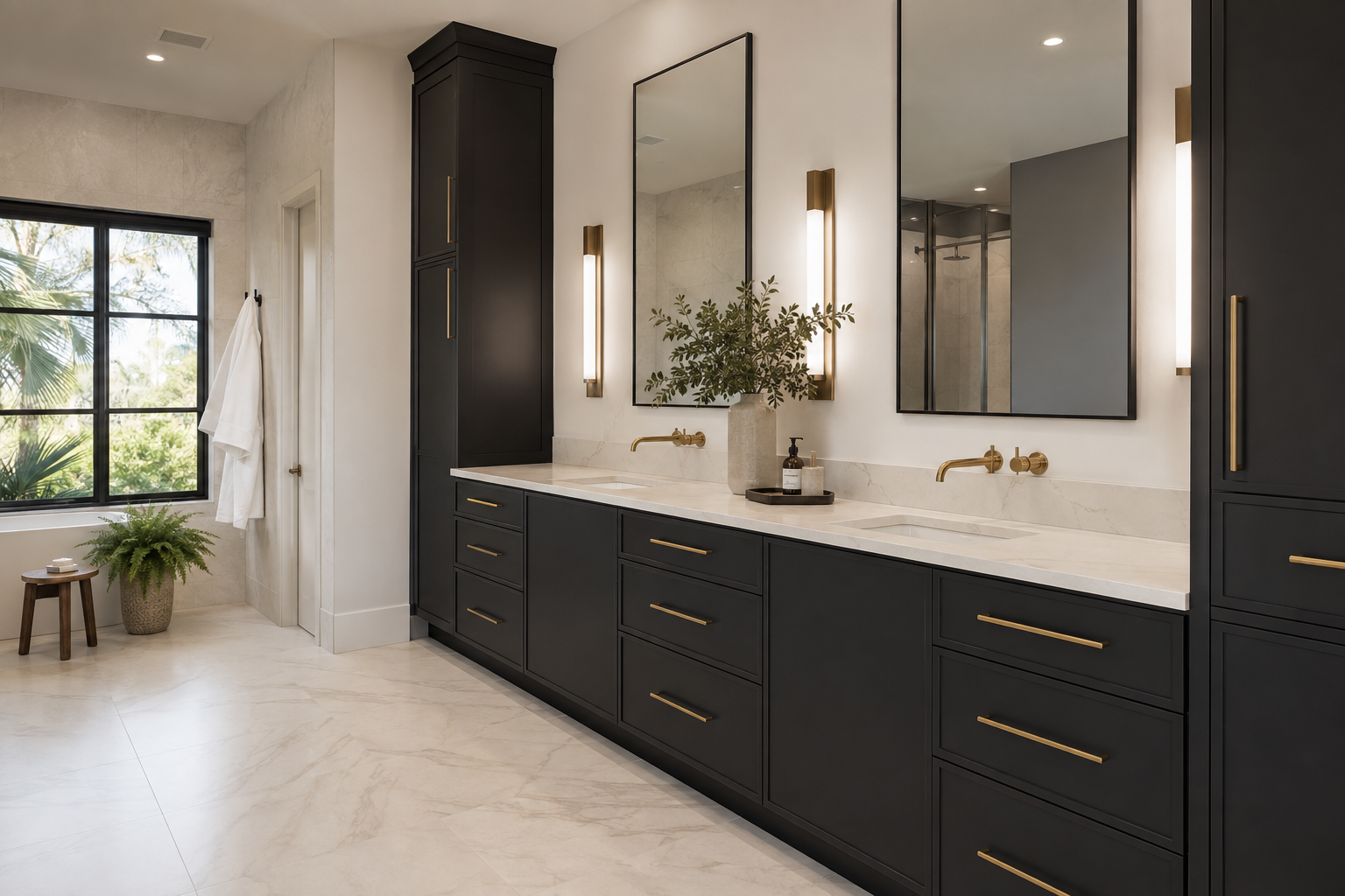 Black slim shaker bathroom cabinets and double vanity with brass hardware