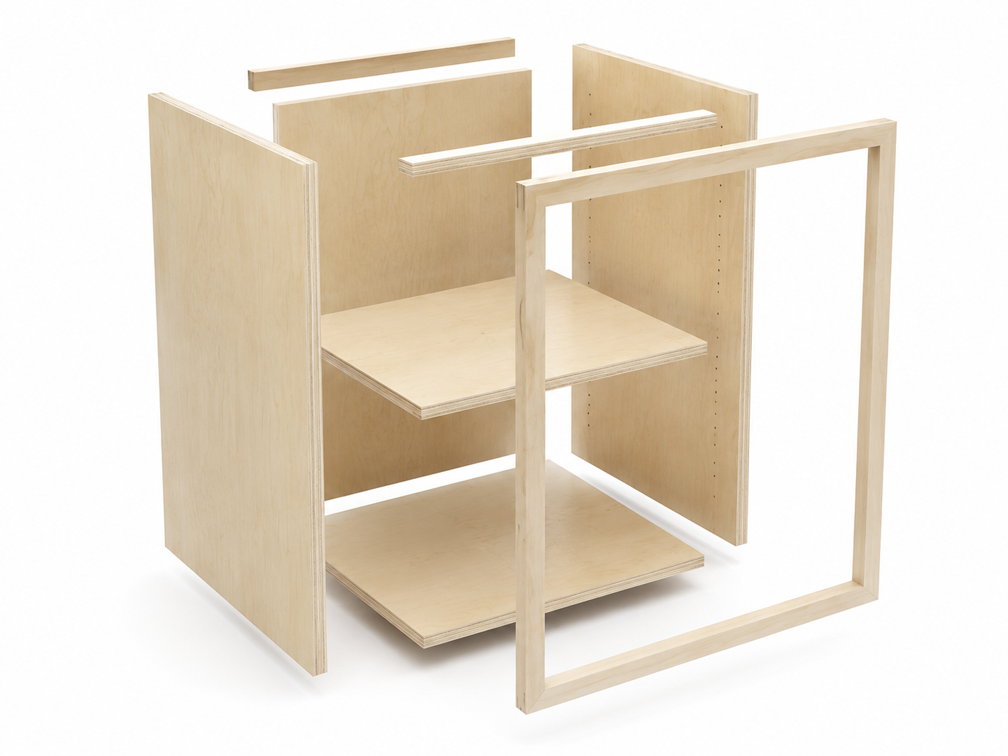 Exploded view showing the primary components of a plywood cabinet box