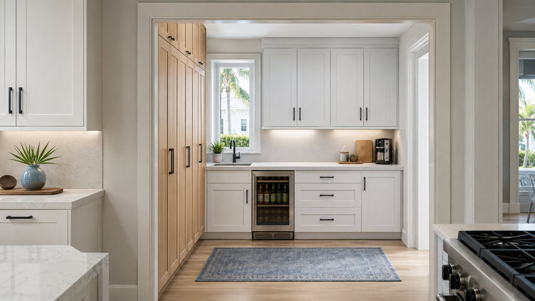 Florida prep kitchen with pantry cabinetry, sink, beverage refrigerator and storage behind the main kitchen