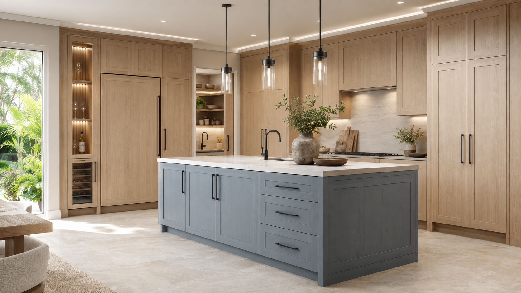 Luxury kitchen with white oak cabinetry, mineral-blue slim Shaker island and integrated storage