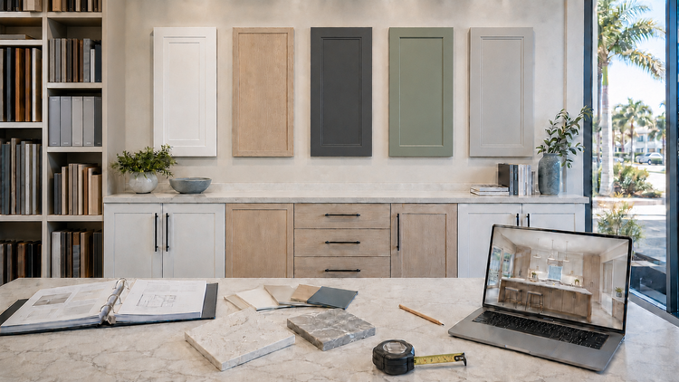 Pinellas County cabinetry design studio with MDI door samples, plans, finishes and 3D kitchen design