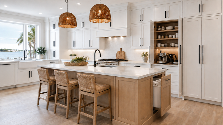 Florida kitchen with white full-overlay cabinetry, natural oak island, appliance garage and ceiling-height storage
