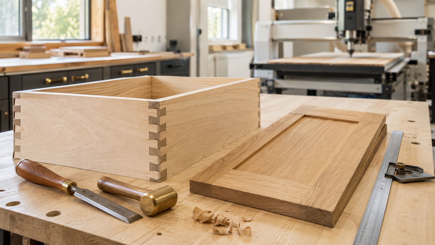 Dovetail drawer box and wood cabinet door in a modern cabinetmaking workshop