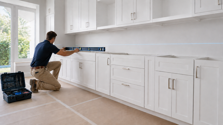 Professional cabinet installer checking a kitchen cabinet run with a laser line and long level