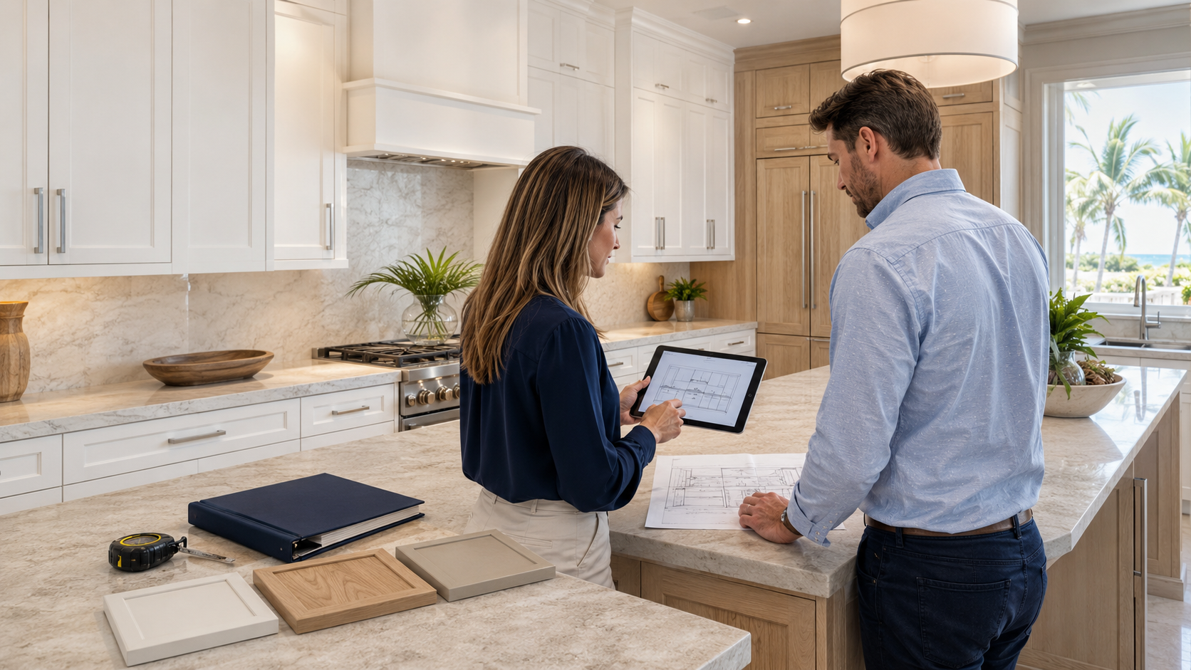 Professional cabinetry design review with plans, cabinet samples, and a digital kitchen layout in a completed luxury kitchen