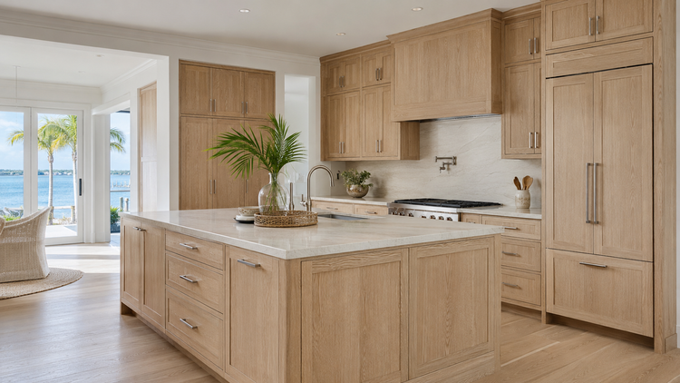 Natural white oak Shaker cabinets in a completed luxury coastal kitchen