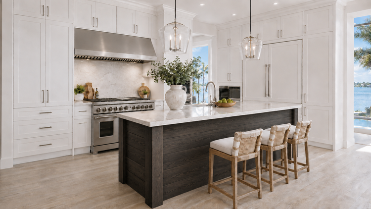 NorthPoint-style white Shaker kitchen with a 48-inch professional range and black-glazed horizontal oak island