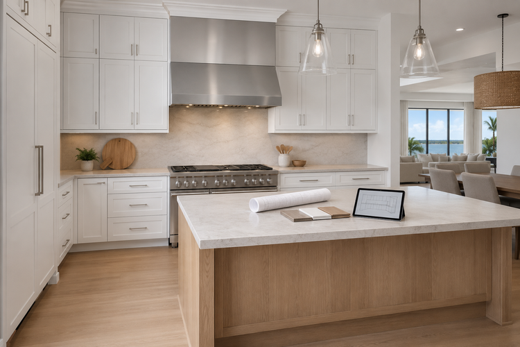 Professionally planned luxury kitchen with white cabinetry, natural oak island, cabinet drawings, and material samples