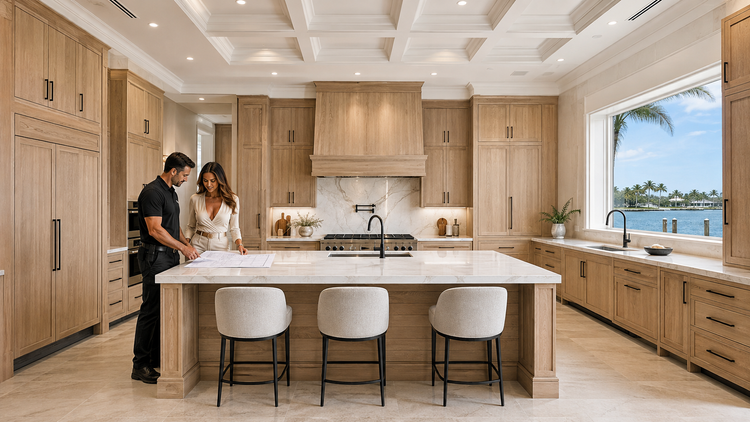 General contractor and kitchen designer reviewing plans in a luxury real wood cabinetry kitchen
