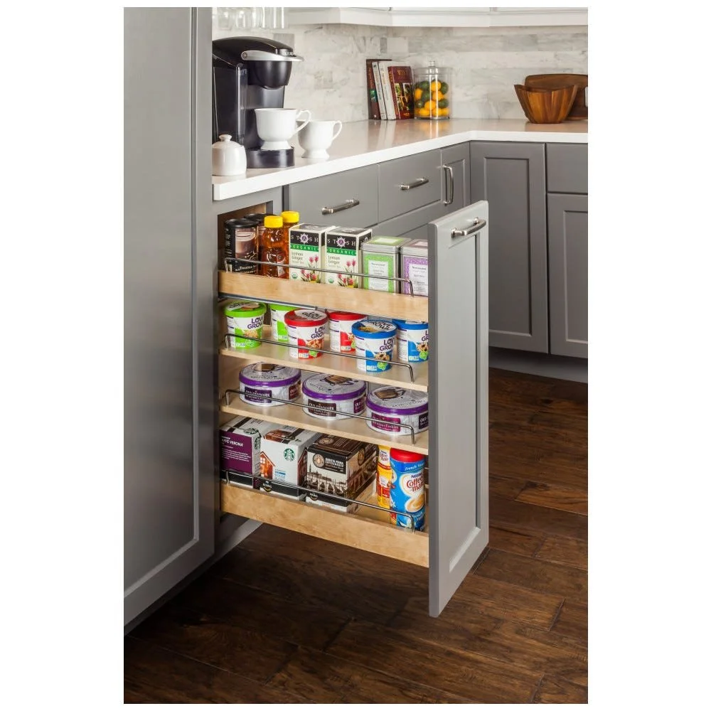 Wood soft-close base cabinet organizer with four shelves