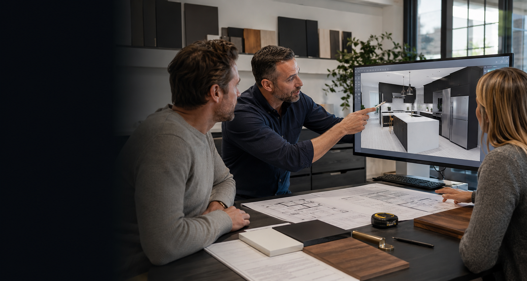 Homeowners reviewing a 3D kitchen cabinet design with a professional cabinetry designer