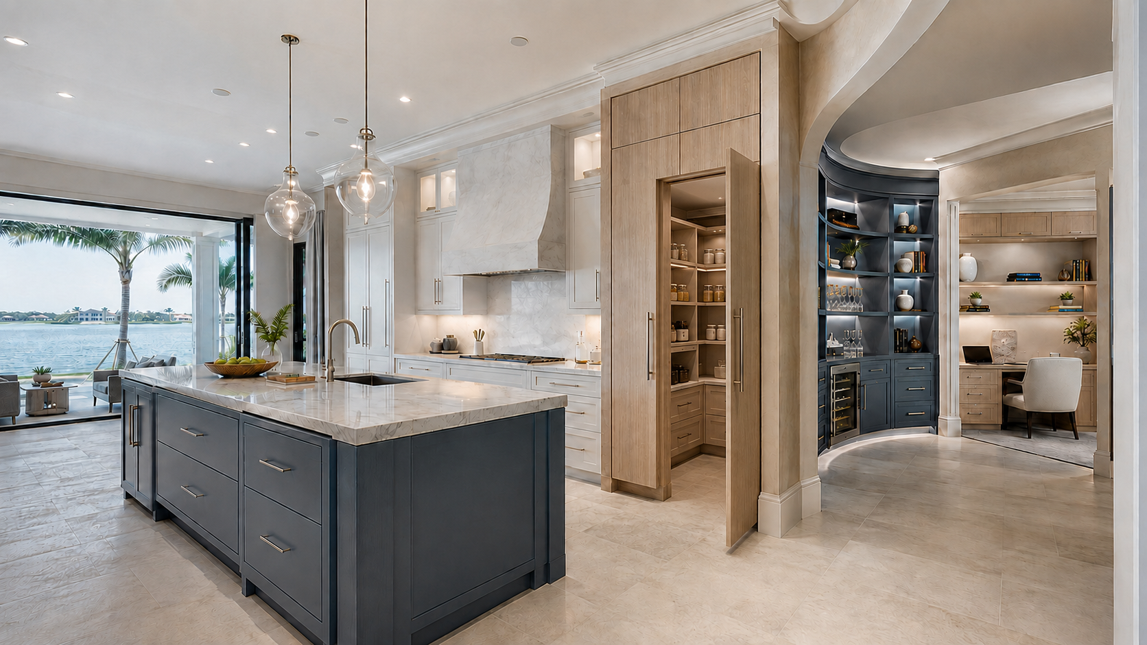 Custom Florida cabinetry connecting a luxury kitchen, walk-in hidden pantry, curved bar and library, and built-in home office