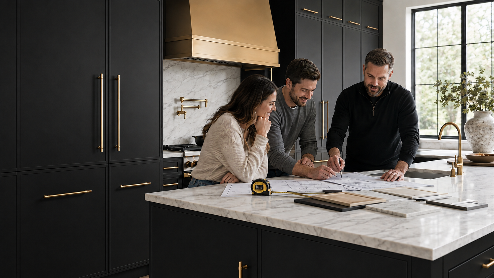 Homeowners reviewing a semi-custom kitchen cabinetry plan with MDI guidance