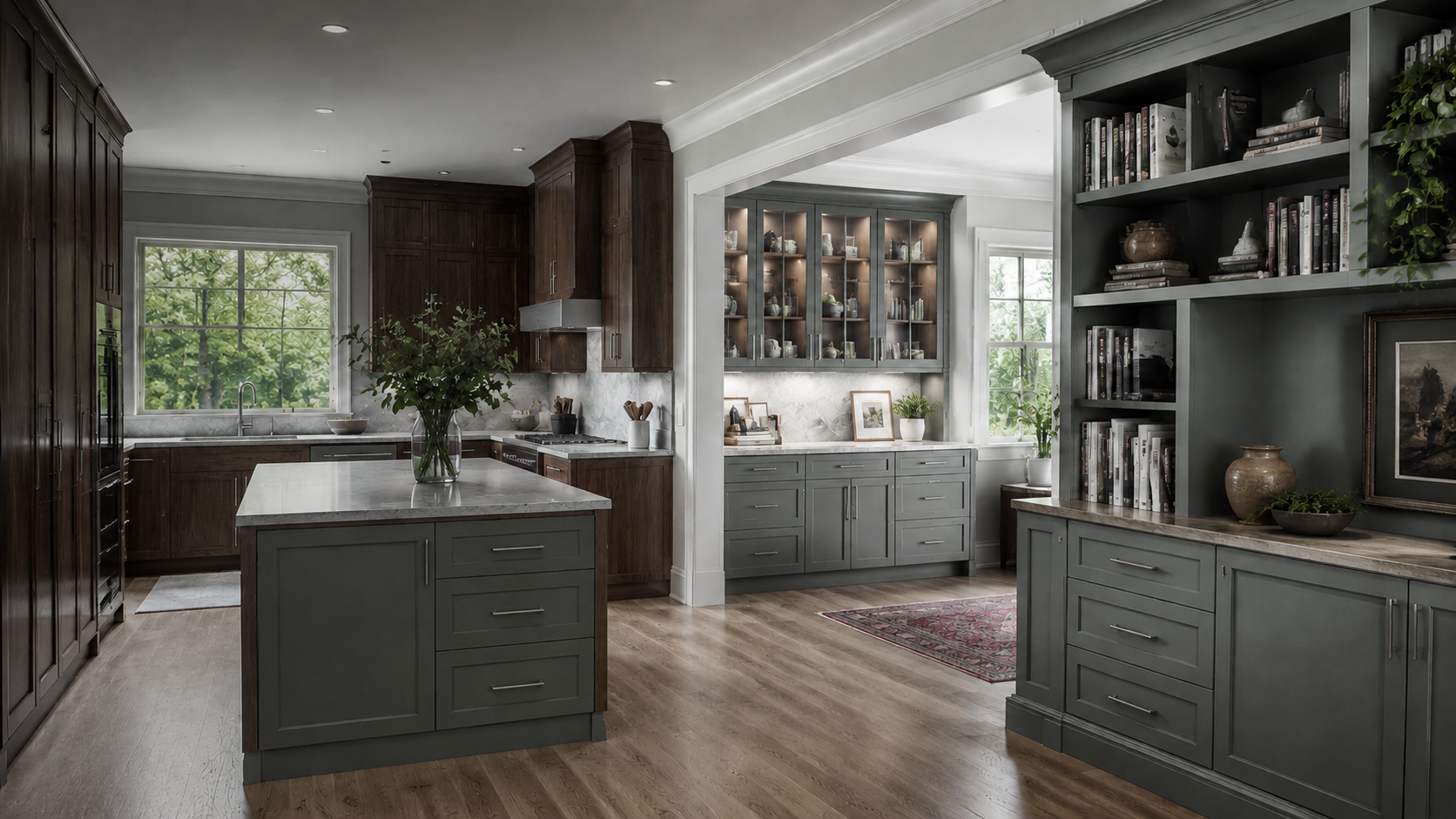 Custom walnut kitchen and charcoal built-in cabinetry designed for a Safety Harbor home