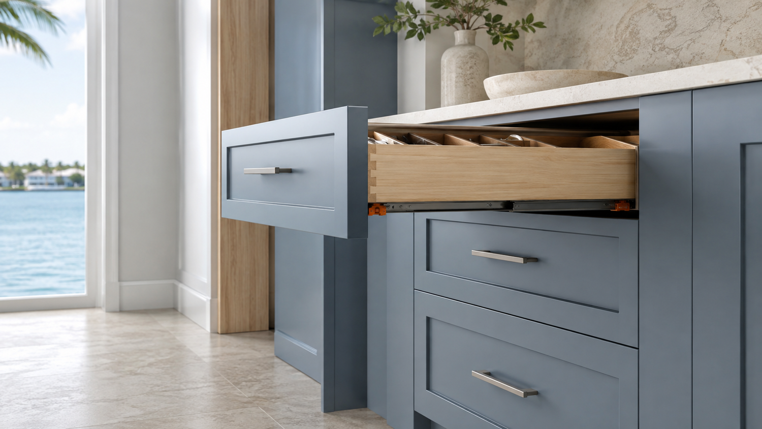 Blum TANDEM-style runners concealed beneath a dovetail drawer