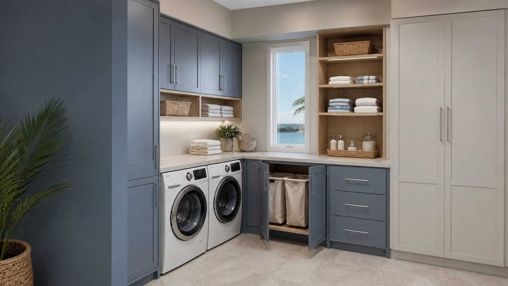 Redington Beach laundry and linen storage with mineral-blue full-overlay cabinetry, tall utility cabinets, hampers, oak shelves, and three drawers