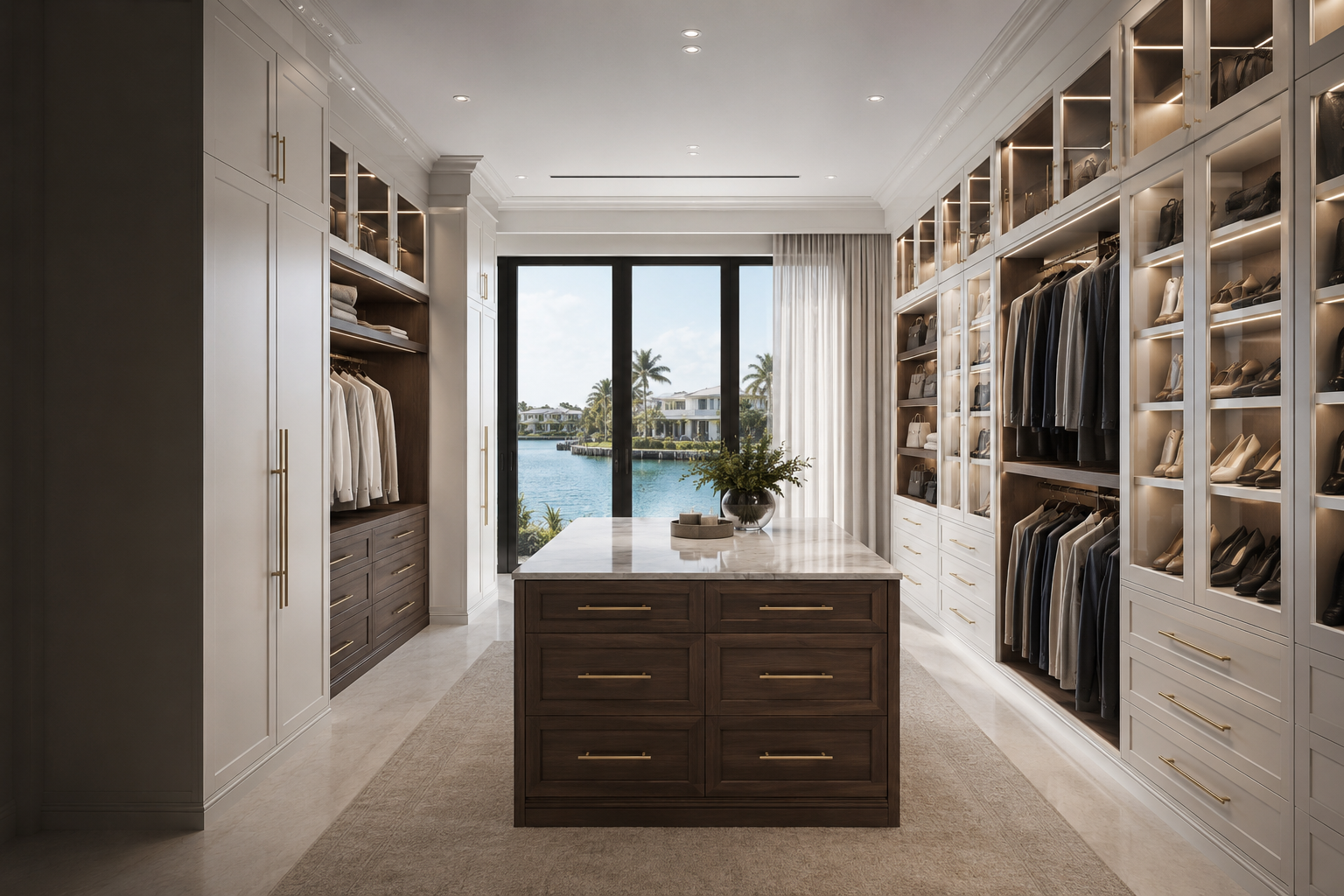 Luxury custom walk-in closet with floor-to-ceiling white and walnut cabinetry in a Florida waterfront home