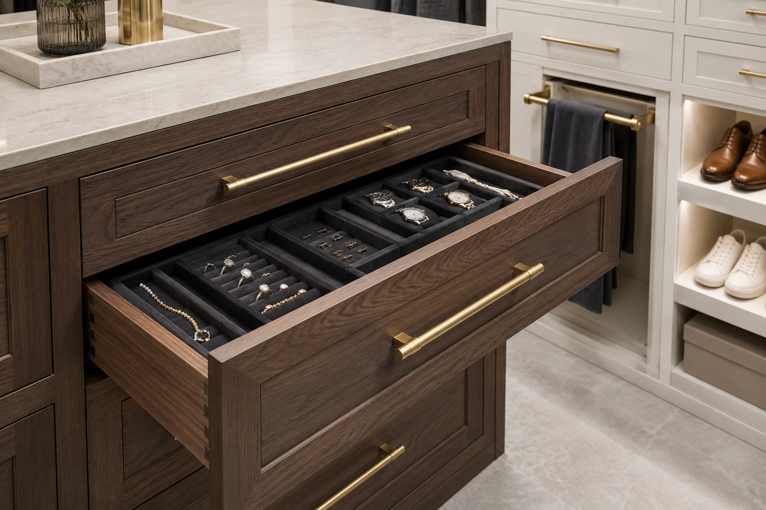 Custom walnut closet island with profiled drawers, brushed brass handles and fitted jewelry storage