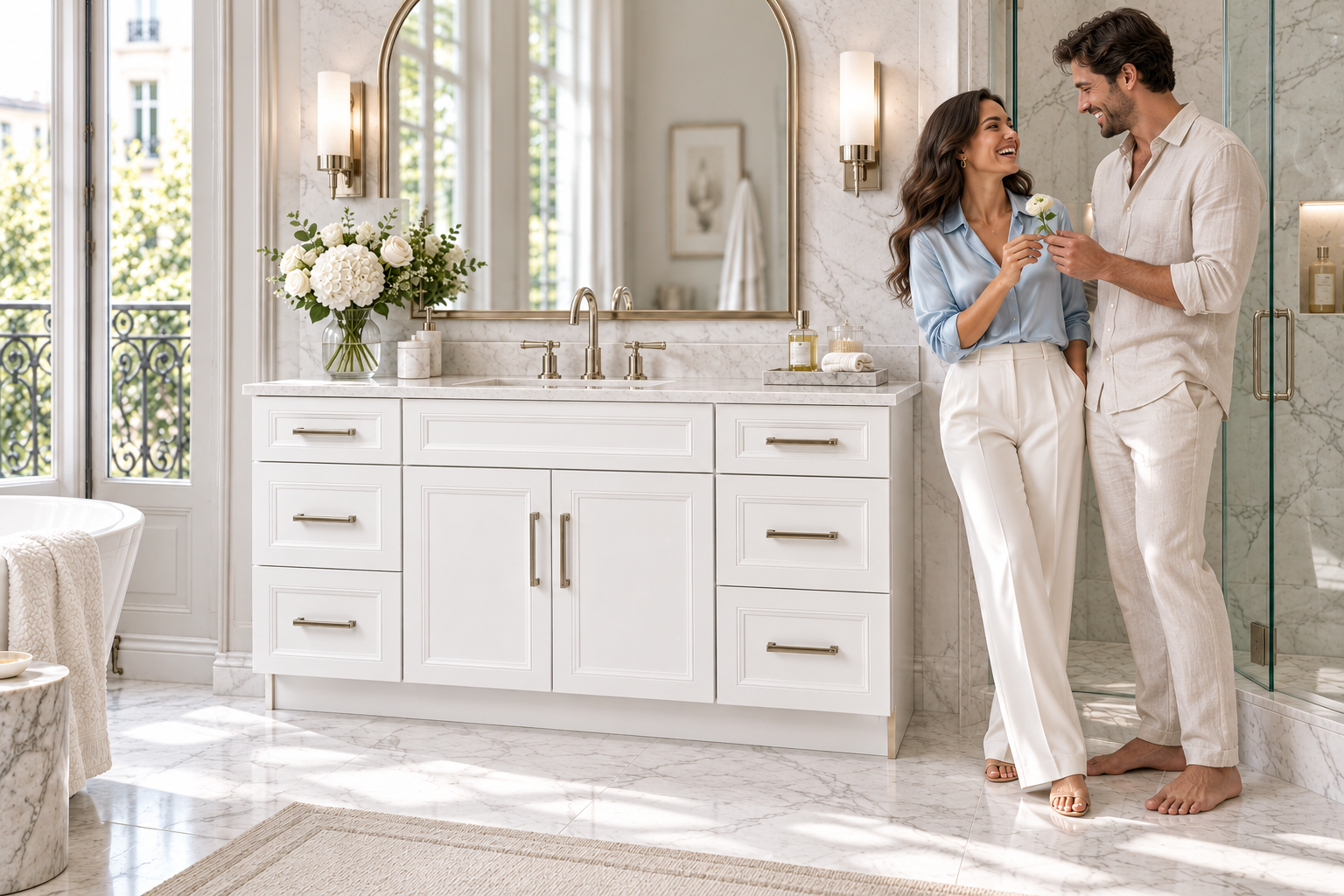 A happy couple beside a Maui Polar White vanity in a bright bathroom