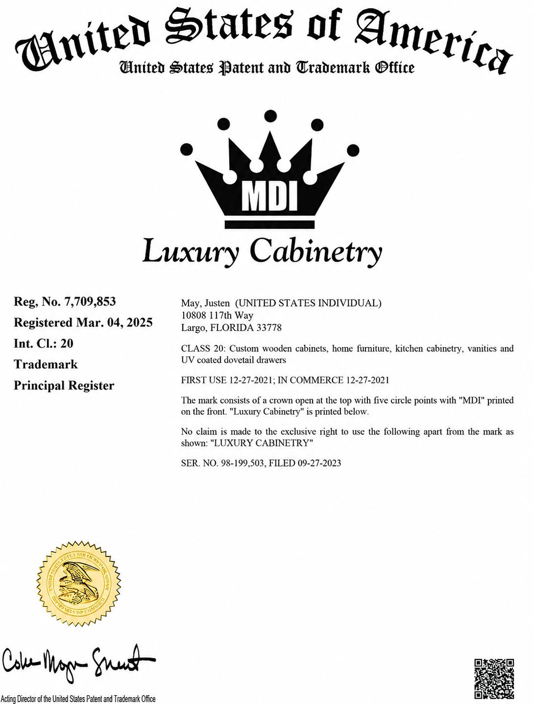 Official USPTO registration certificate for the MDI Luxury Cabinetry trademark