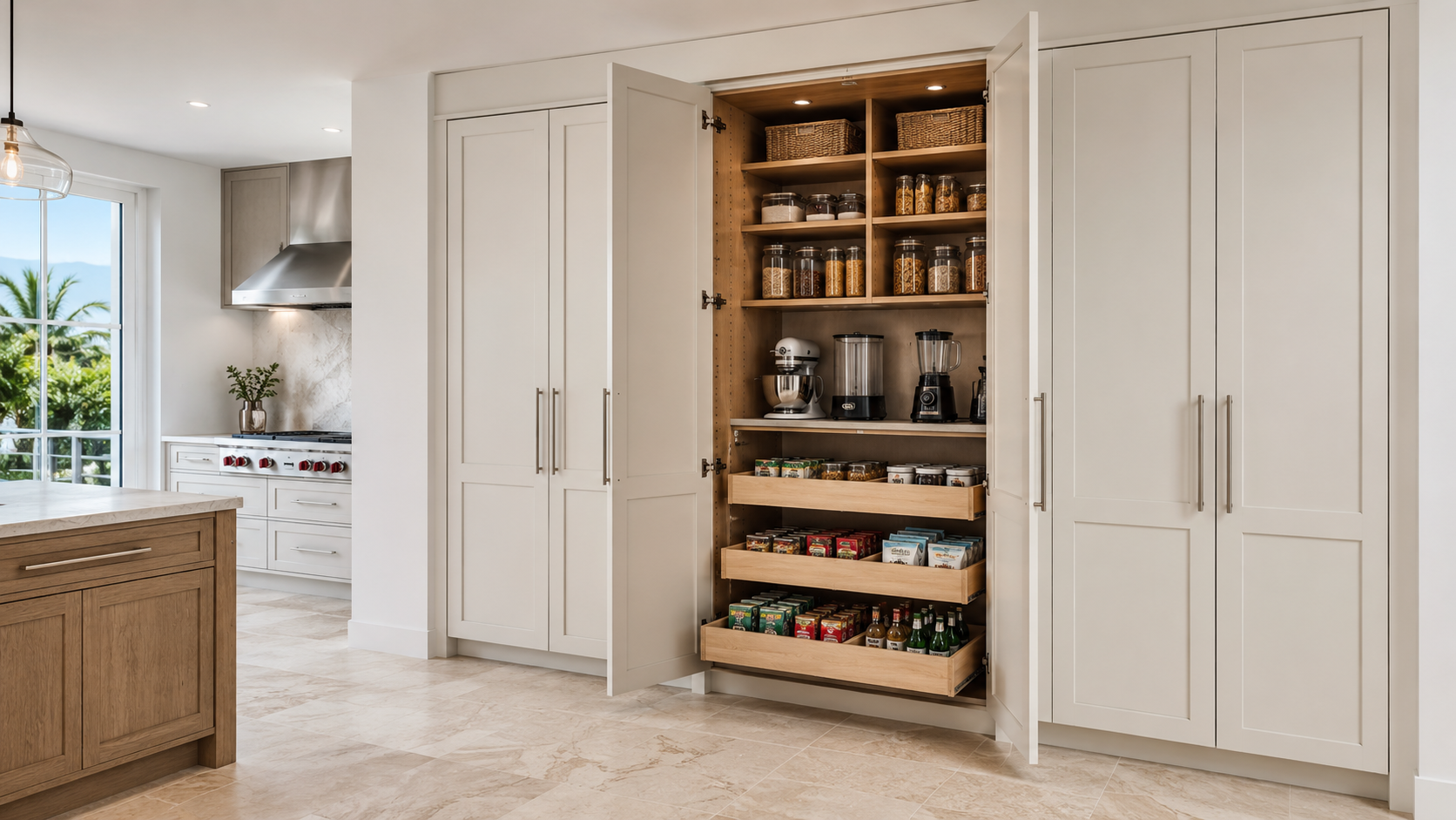 Full-height warm-white pantry cabinets with pale-oak shelving, small-appliance storage, and three internal roll-out trays