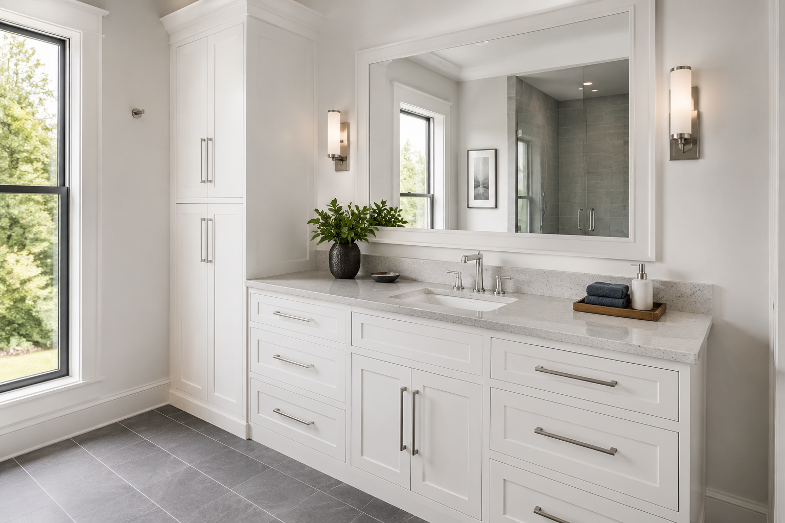 White shaker bathroom vanity cabinets with matching linen storage