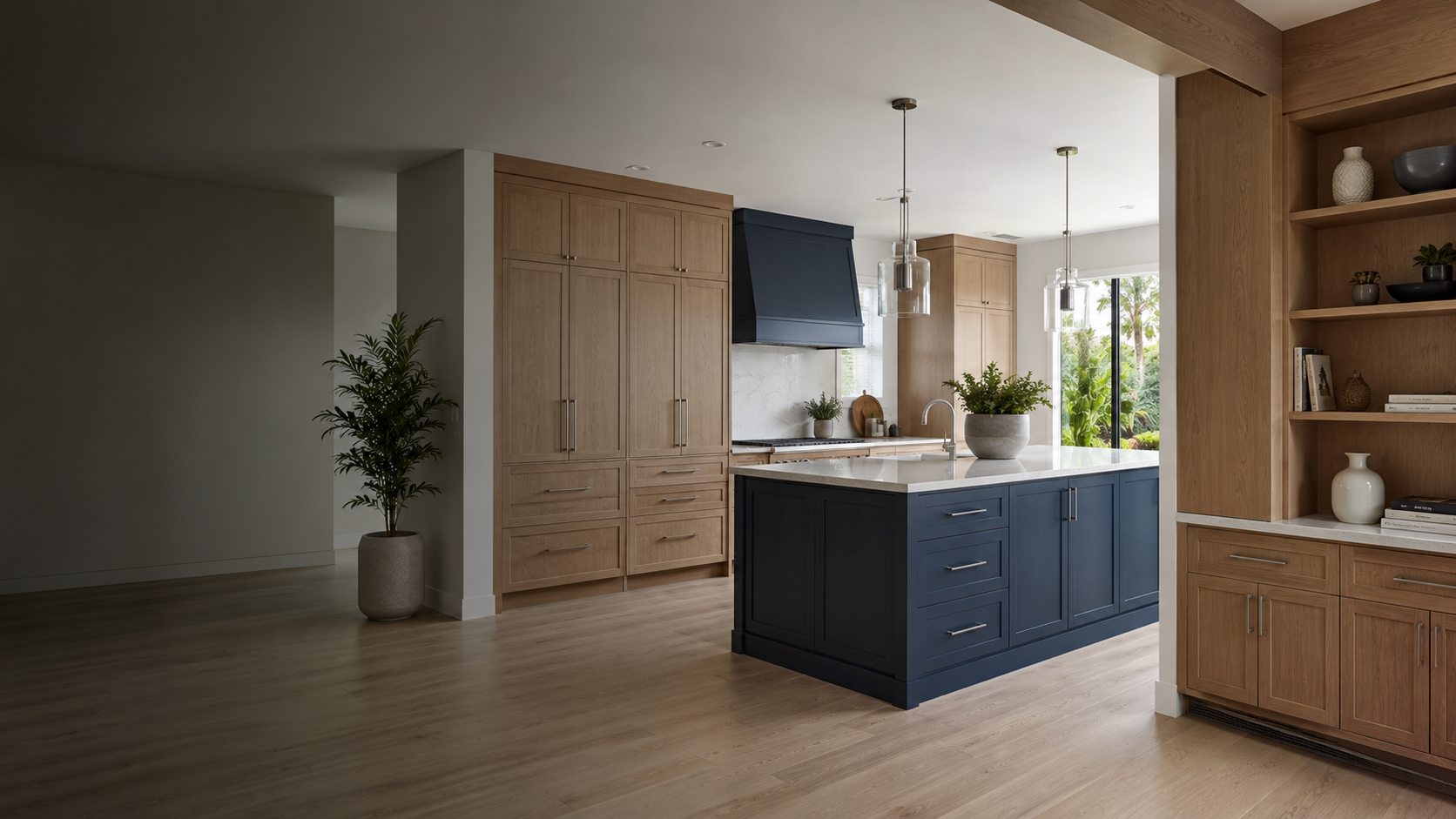 Custom oak kitchen cabinetry with navy island and built-in storage in Pinellas Park Florida