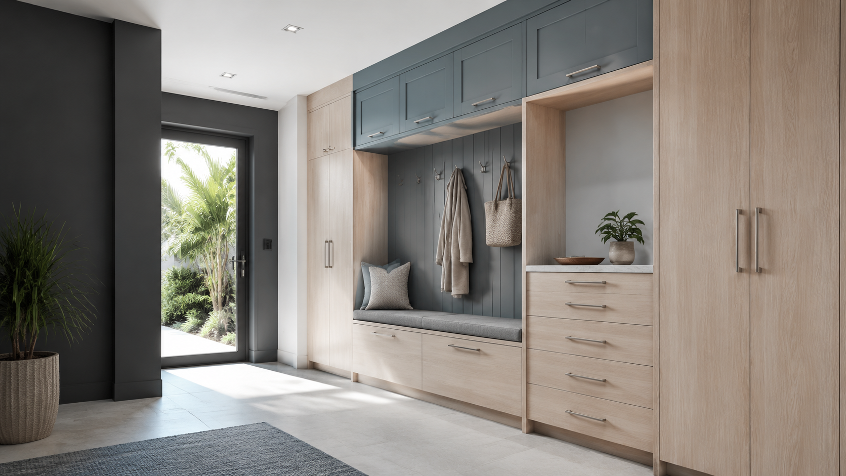 Pale-oak and mineral-blue mudroom cabinetry with bench seating and entry storage in a Seminole Florida home
