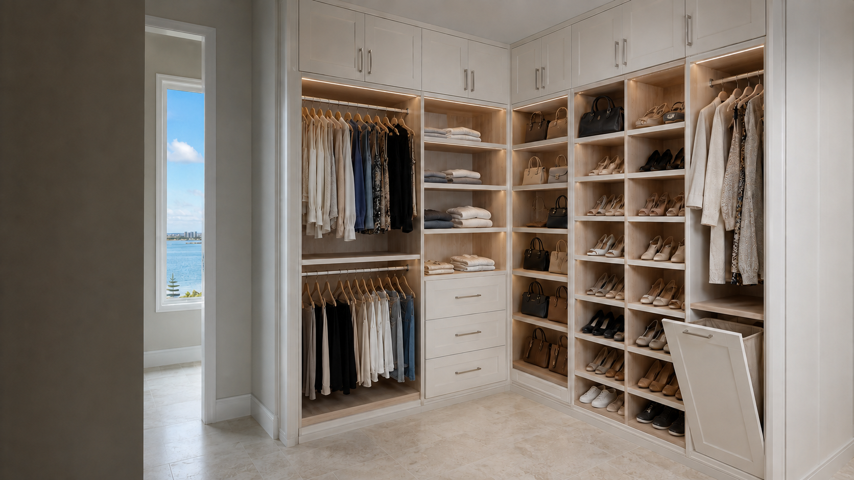 Madeira Beach custom coastal walk-in closet with warm-white full-overlay cabinetry, pale-oak interiors, shoe storage, three drawers, and concealed hamper