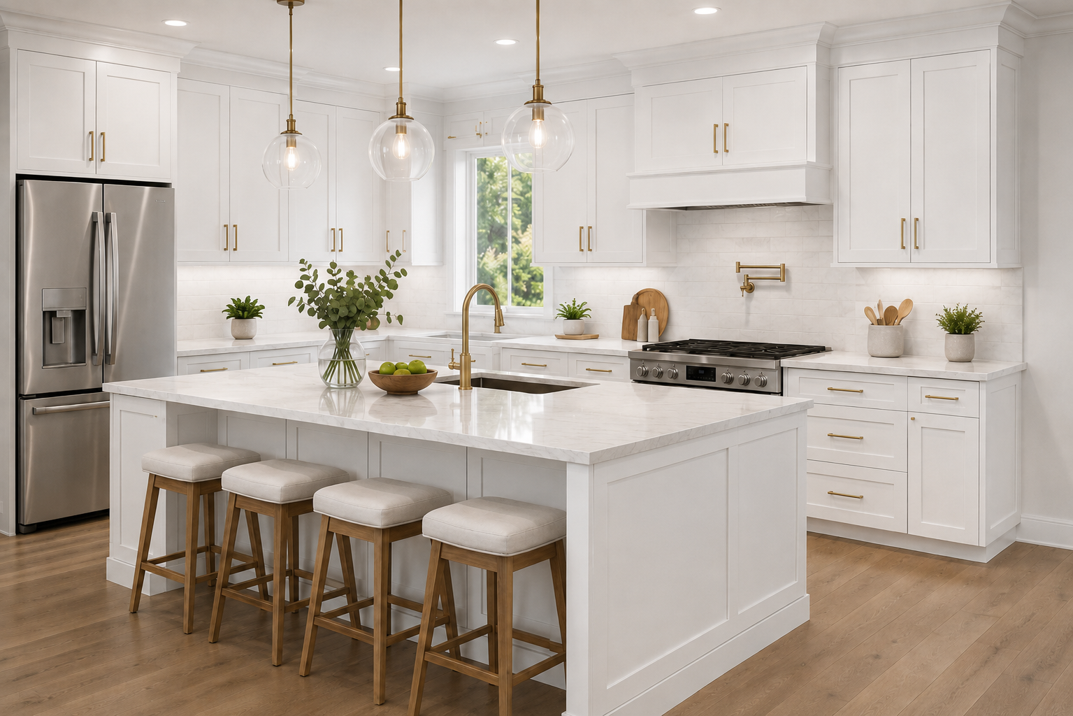 Maui Polar White full-overlay kitchen cabinetry with center island
