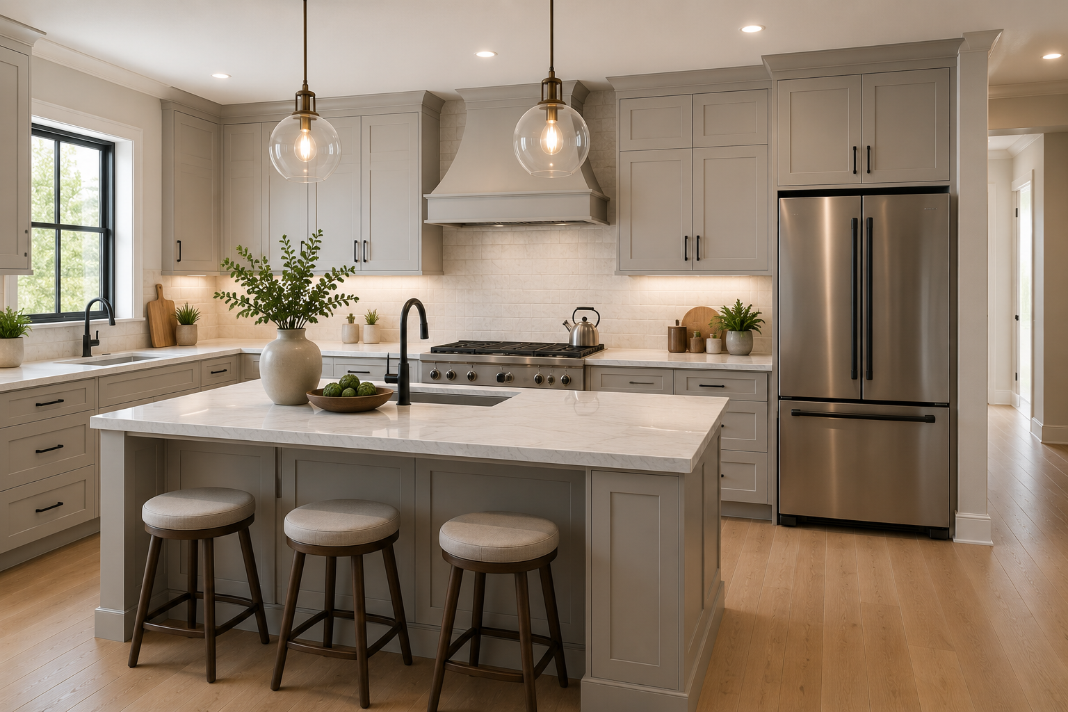 Bright transitional kitchen using Catalina Shaker style cabinetry