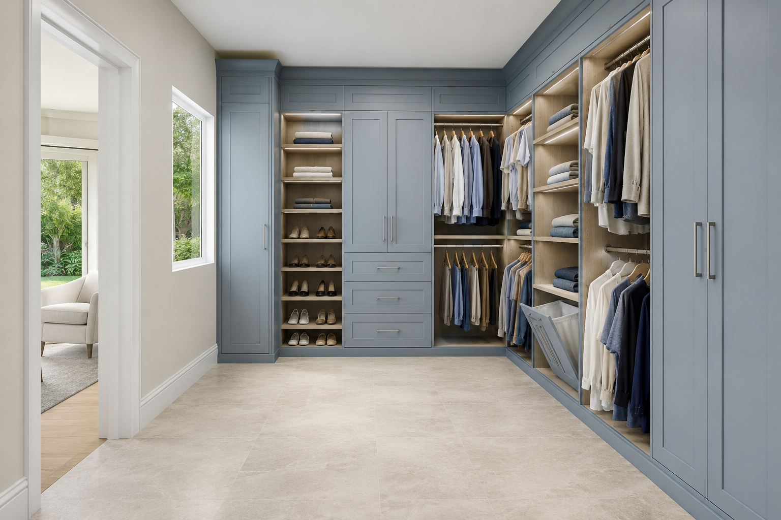 Largo ranch-home walk-in closet with blue-gray full-overlay cabinetry, pale-oak interiors, wide aisle, reachable hanging, shoes, three drawers, and hamper