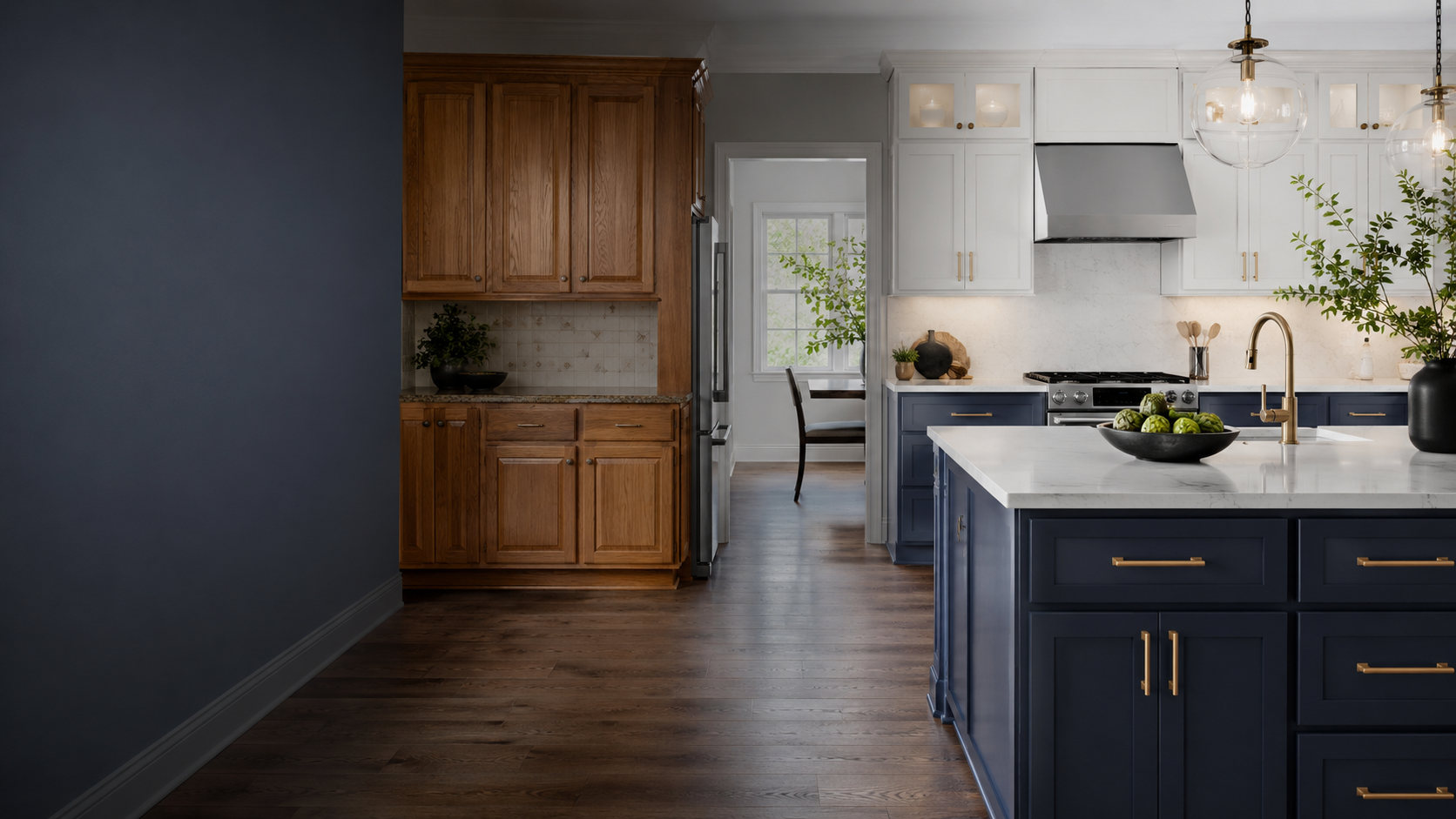 Older oak kitchen cabinetry compared with newly installed white and navy full-overlay cabinets