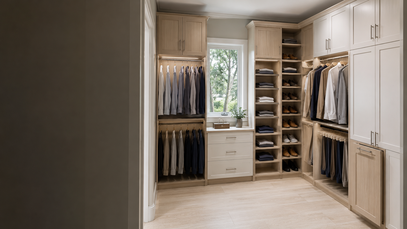 Palm Harbor custom walk-in closet with soft-white full-overlay cabinetry, pale-oak storage, shoes, three drawers, and concealed hamper