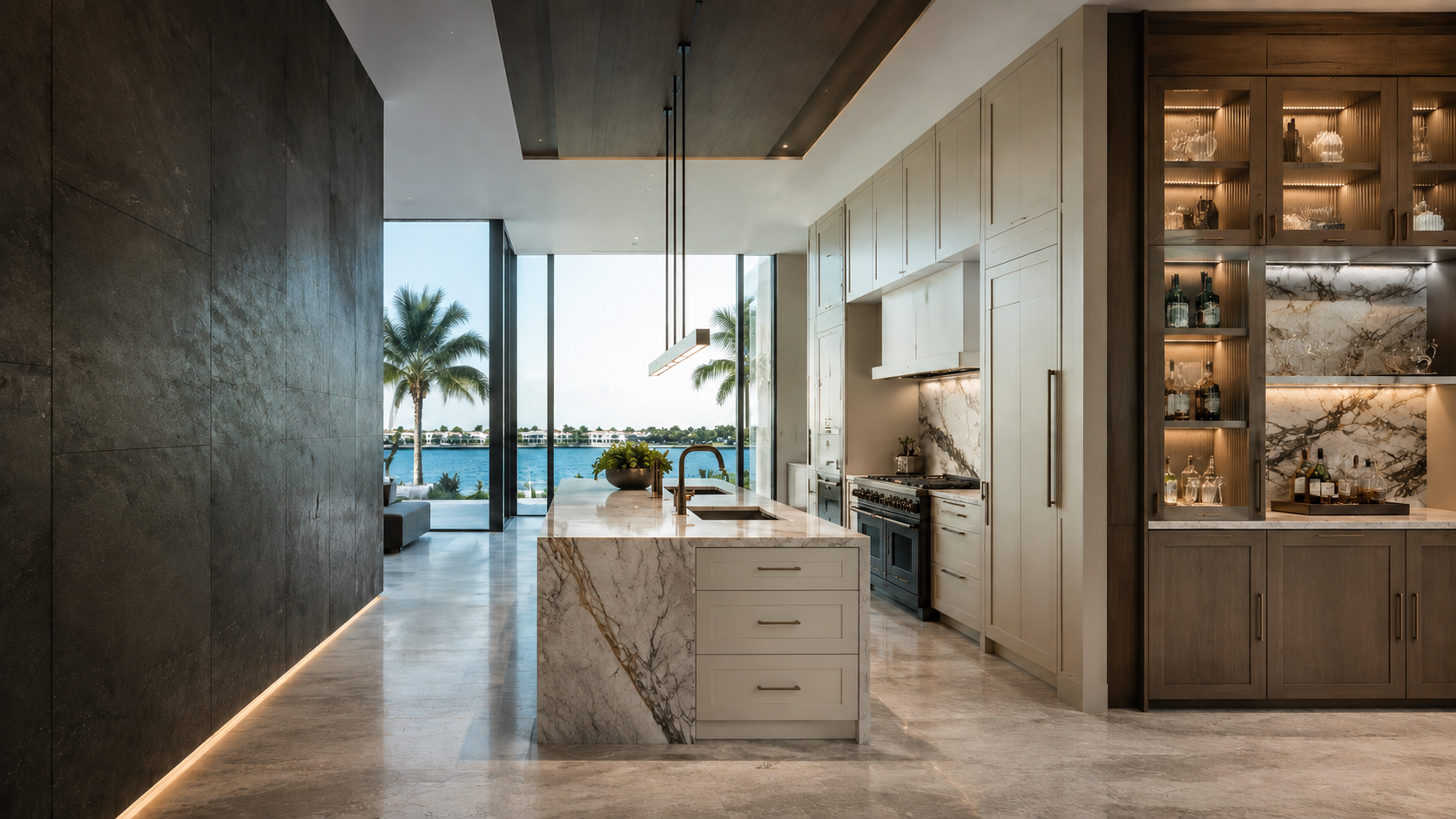 Ultra-luxury waterfront Florida kitchen with custom cabinetry and illuminated built-in bar