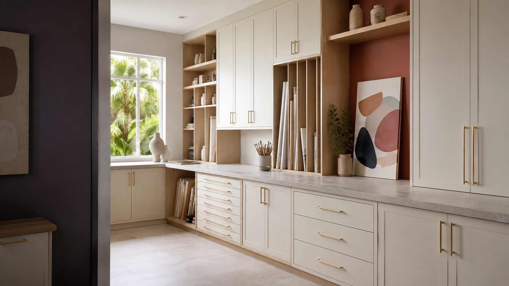 Ivory and pale-oak art-studio cabinetry with creative-supply storage in a Gulfport Florida home