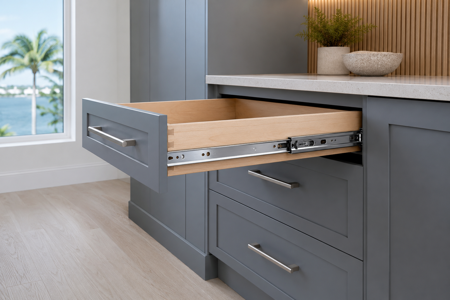 KV 8450FM-style full-extension soft-close slide mounted to the side of a dovetail drawer